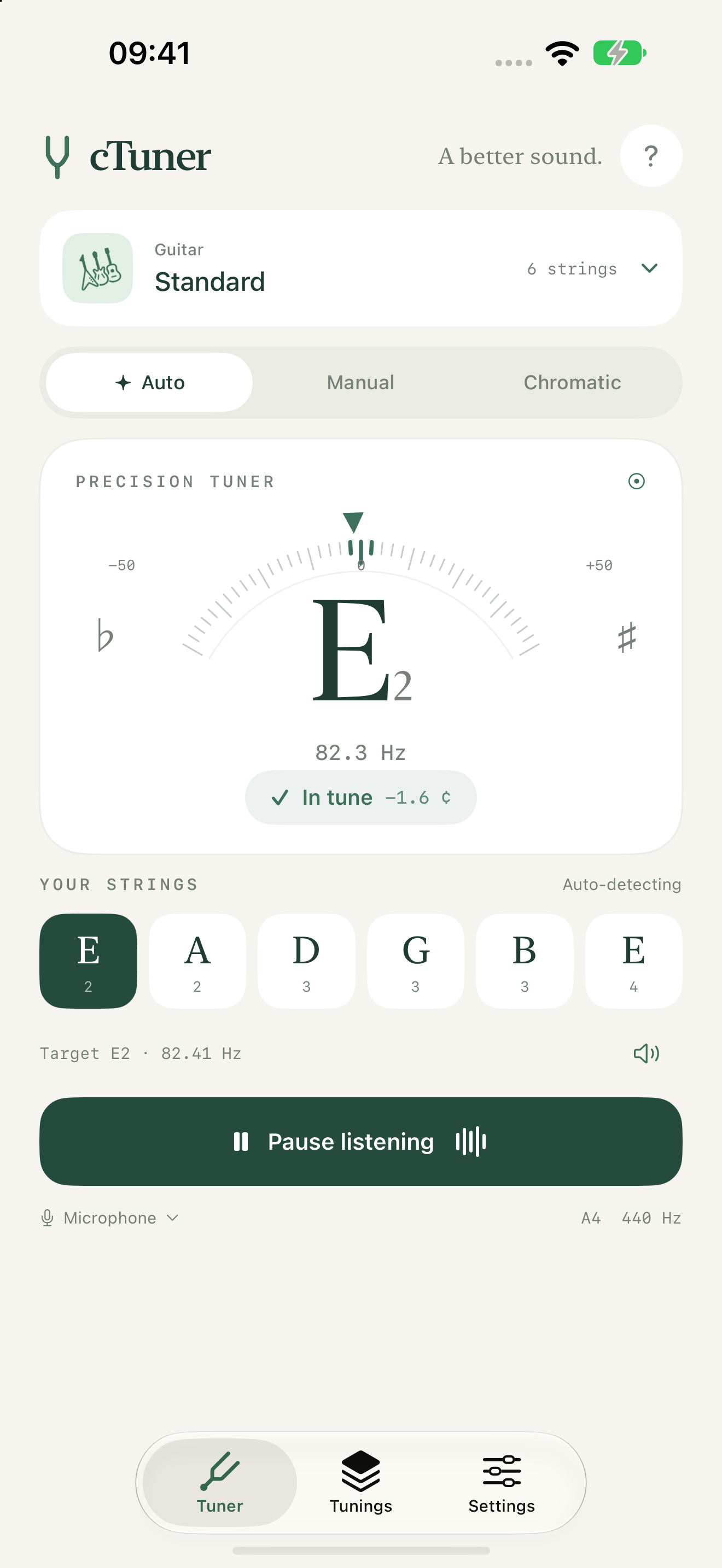 The cTuner guitar dial centered on an E2 note, with individual string controls.